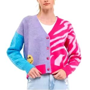 English Factory Combination V-Neck Zebra Print Color Block Cardigan Sweater XS